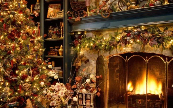 Cozy holiday scene featuring a glowing fireplace decorated with Christmas ornaments and festive garlands, creating a warm Christmas atmosphere for an HD PC desktop wallpaper.