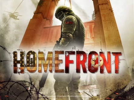 HD PC desktop wallpaper for the video game Homefront: armed soldier stands before a ruined gate and barbed wire, Homefront logo across the scene.