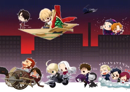 Chibi characters from Fate/Zero are depicted in a dynamic scene, featuring whimsical action and vibrant colors against a dark urban backdrop, designed as a HD PC desktop wallpaper.