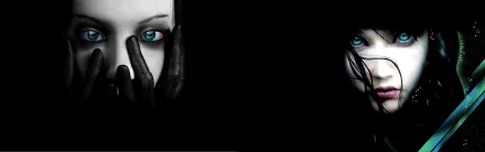 HD PC desktop wallpaper featuring a dark-themed close-up of a woman's face with striking blue eyes partially covered by black-gloved hands against a black background.