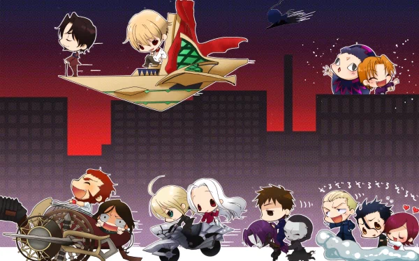 Chibi characters from Fate/Zero are depicted in a dynamic scene, featuring whimsical action and vibrant colors against a dark urban backdrop, designed as a HD PC desktop wallpaper.