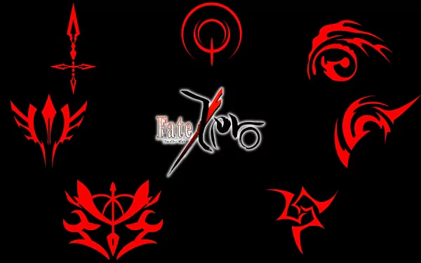 A striking HD desktop wallpaper featuring iconic symbols from the anime Fate/Zero, set against a dark background with vivid red elements and the series' logo prominently displayed.