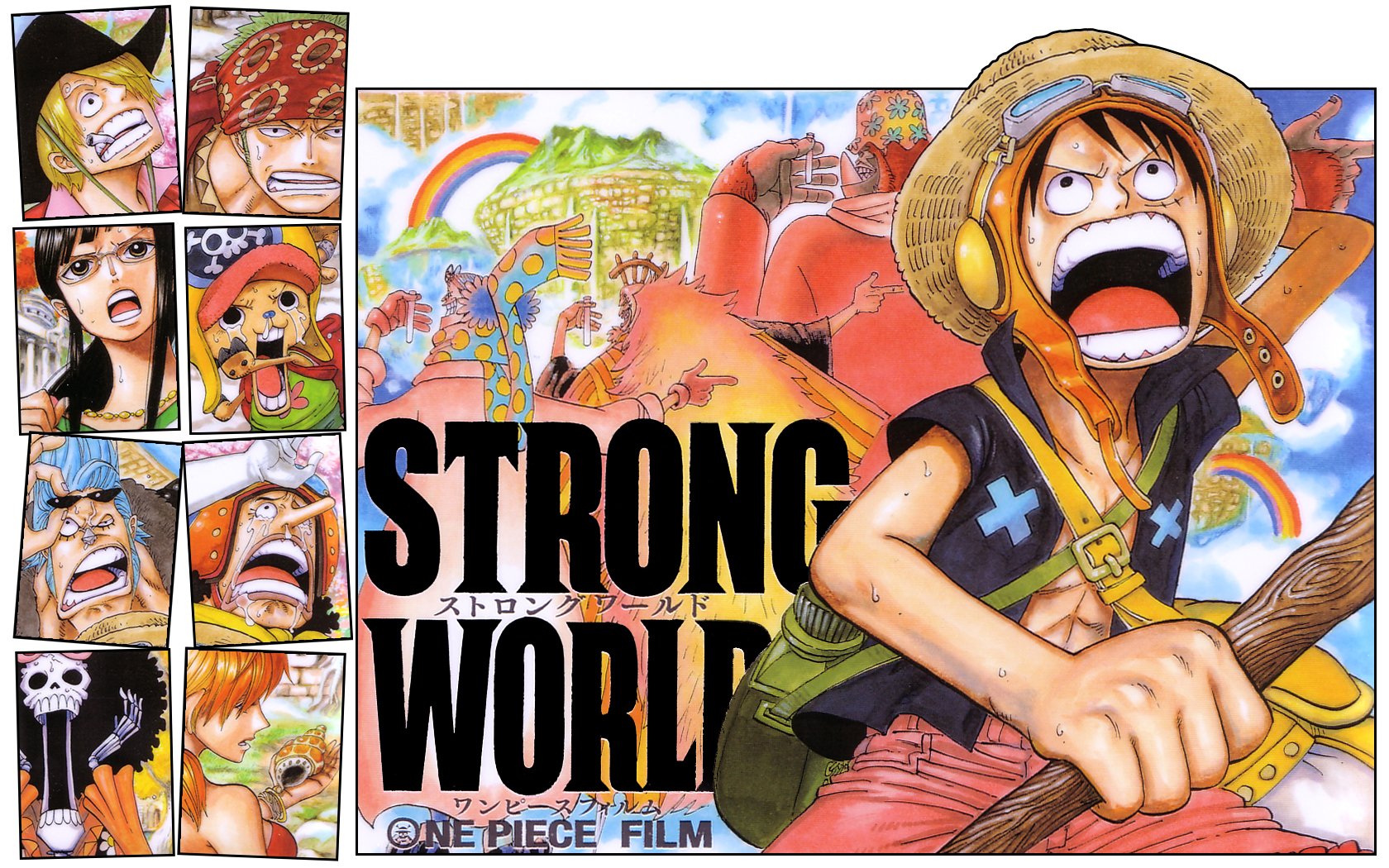 HD wallpaper featuring characters from the anime One Piece, showcasing vibrant art from the Strong World film, highlighting excitement and adventure in a colorful setting.