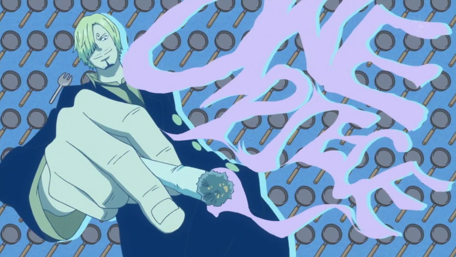 HD anime desktop wallpaper featuring Sanji from One Piece with stylized smoke and tennis rackets in the background.