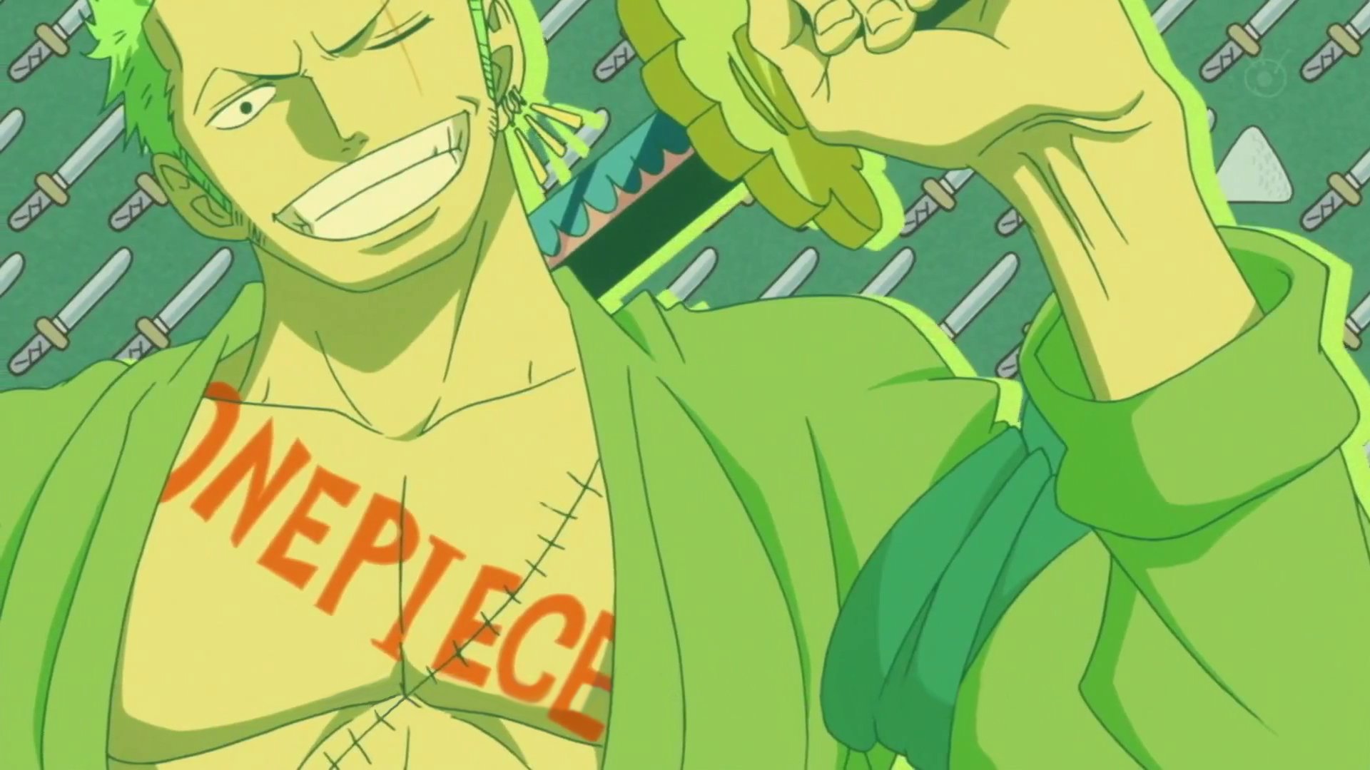 A vibrant HD wallpaper featuring an anime character from One Piece, showcasing a smiling figure with a bold One Piece emblazoned on their chest, surrounded by swords.