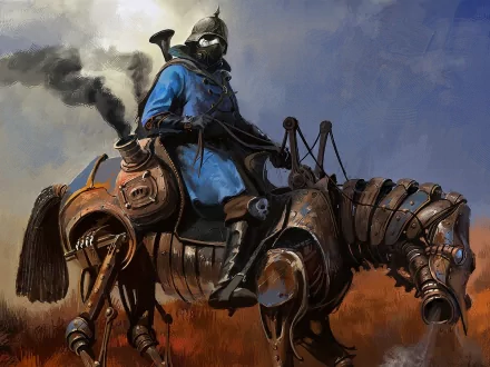 A steampunk figure in a blue cloak rides a mechanical horse, exhaling steam against a dramatic backdrop. This HD desktop wallpaper captures a unique sci-fi aesthetic.