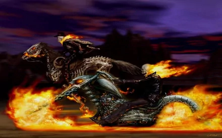 HD wallpaper of Ghost Rider comic, featuring Ghost Rider on a fiery motorcycle and a skeletal horse, racing through a dark, flaming scene.