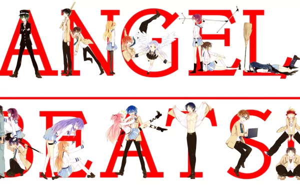 HD PC desktop wallpaper featuring Anime characters from Angel Beats! posing dynamically within bold red letters spelling ANGEL BEATS.