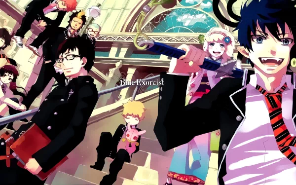 HD desktop wallpaper featuring characters from the anime Blue Exorcist, including Rin Okumura, Yukio Okumura, Shiemi Moriyama, and others, striking dynamic poses in a vibrant setting.