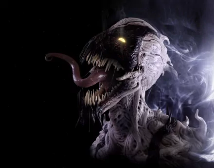 A striking HD wallpaper featuring Venom and Anti-Venom from the comics, showcasing a menacing character with sharp teeth and a lengthy tongue against a dark background.