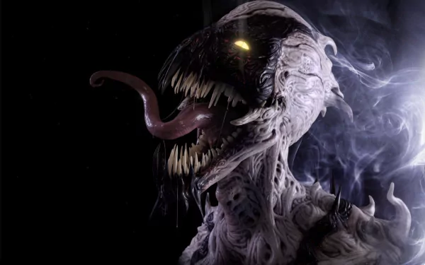 A striking HD wallpaper featuring Venom and Anti-Venom from the comics, showcasing a menacing character with sharp teeth and a lengthy tongue against a dark background.