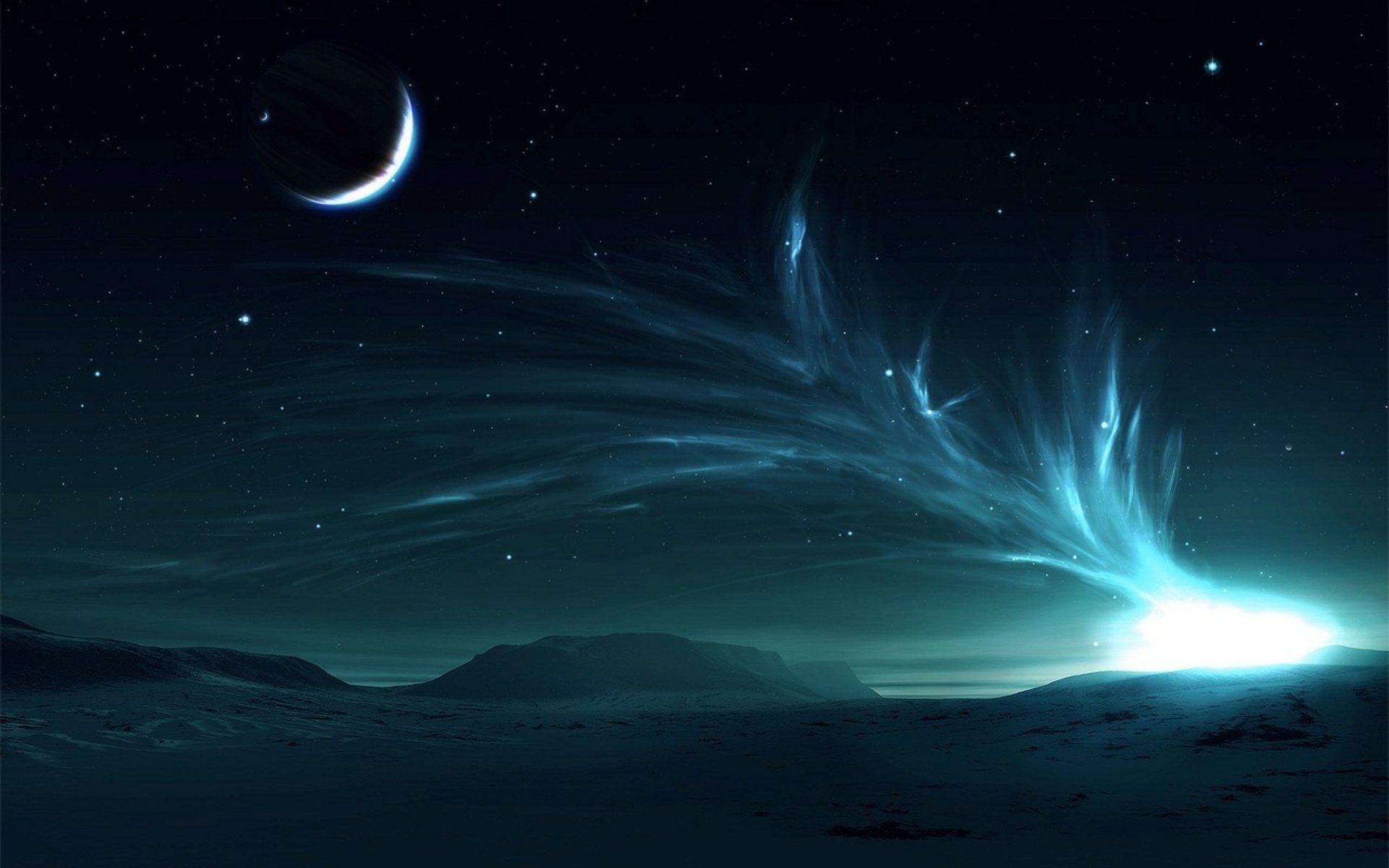 A serene sci-fi landscape features a glowing light radiating across the dark terrain beneath a crescent moon and twinkling stars, creating an artistic and otherworldly atmosphere.