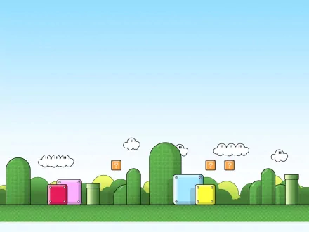 HD PC desktop wallpaper of Super Mario Bros. 3 video game landscape: blue sky, smiling clouds, question-mark blocks, colorful boxes and rounded green hills.