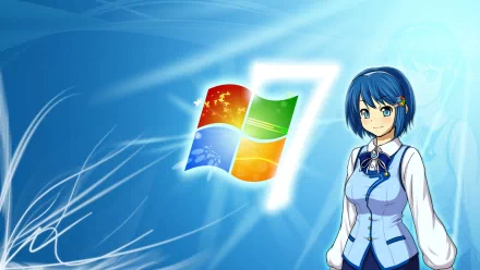 HD anime-style OS-tan character beside a glowing Windows 7 logo on a blue, tech-themed desktop wallpaper background.