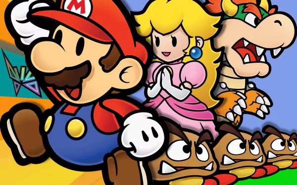 A vibrant HD wallpaper featuring Mario, Princess Peach, and Bowser from Nintendo's Paper Mario series, with whimsical elements and classic video game character designs.