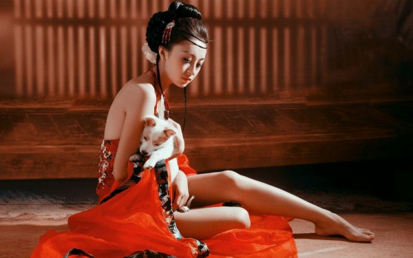 Mujeres Asiática Oriental Perro Barefoot Dress Red Dress Morena Fondo de pantalla HD | Fondo de Escritorio