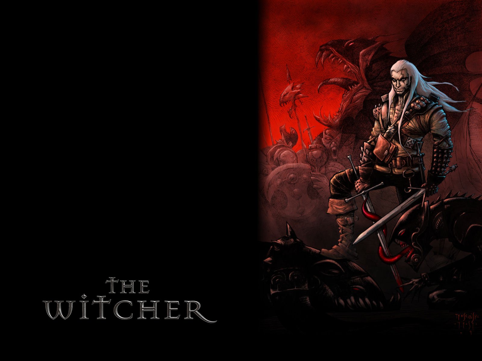 HD PC desktop wallpaper for the video game The Witcher: a white-haired monster hunter with swords stands amid slain beasts against a red and black backdrop.