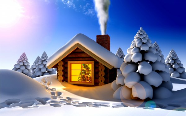Día festivo Navidad Invierno Snow Cabaña Ventana Árbol 3D Humo Fondo de pantalla HD | Fondo de Escritorio