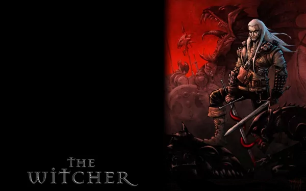 HD PC desktop wallpaper for the video game The Witcher: a white-haired monster hunter with swords stands amid slain beasts against a red and black backdrop.