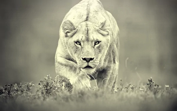 A striking HD desktop wallpaper featuring a focused lion walking through grasslands in a monochrome setting. The powerful and intense gaze of the lion adds a dramatic touch to the background.