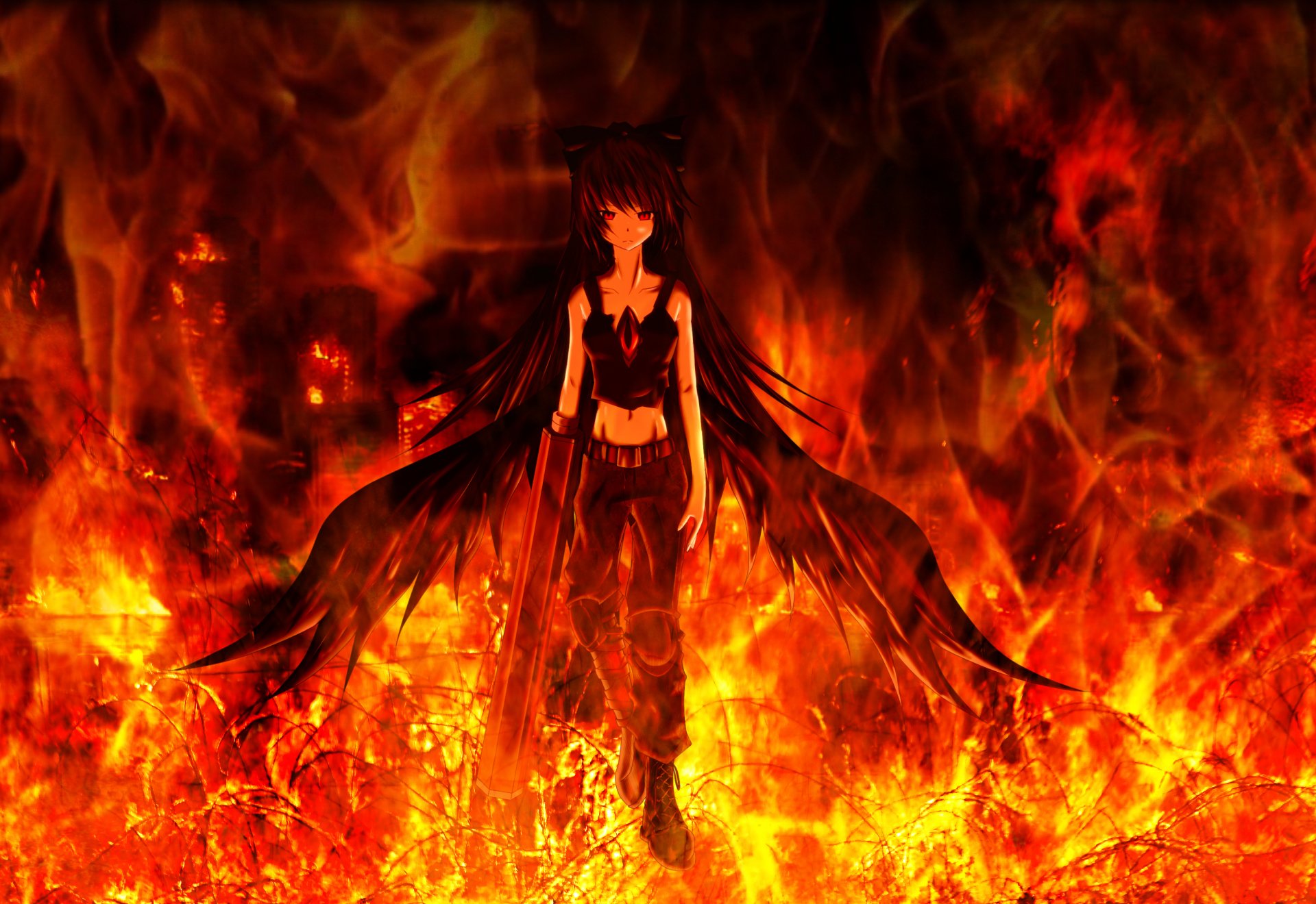 Anime character Utsuho Reiuji with brown hair, gothic attire, wings, and armed with a cannon, stands amidst intense flames. This HD desktop wallpaper showcases a dramatic and fiery scene from Touhou.