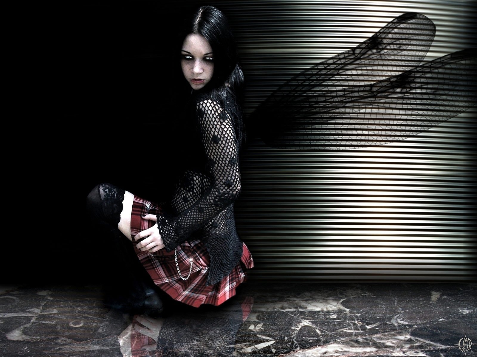 A dark, gothic HD desktop wallpaper featuring a figure with ethereal wings, dressed in a mesh top and plaid skirt, set against a striking, textured backdrop.