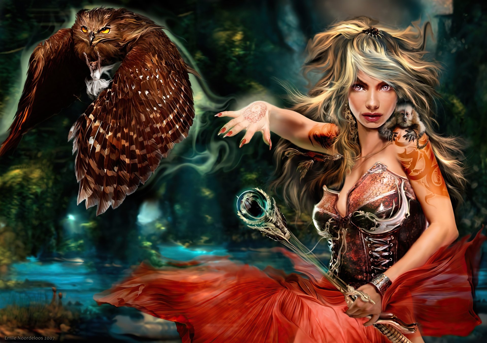 Fantasy-themed HD PC desktop wallpaper featuring a powerful witch with flowing hair casting a spell, accompanied by a large, detailed owl in a mystical forest setting.