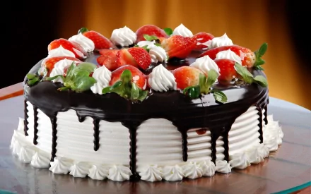 A beautifully decorated cake with rich chocolate icing, topped with fresh strawberries and whipped cream, serves as an enticing HD PC desktop wallpaper and background.