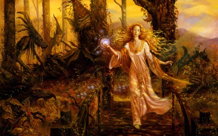 A stunning HD wallpaper depicts a fantasy scene of a witch walking through an enchanted forest, holding a glowing orb. The warm, intricate background features mystical creatures and an ethereal atmosphere.