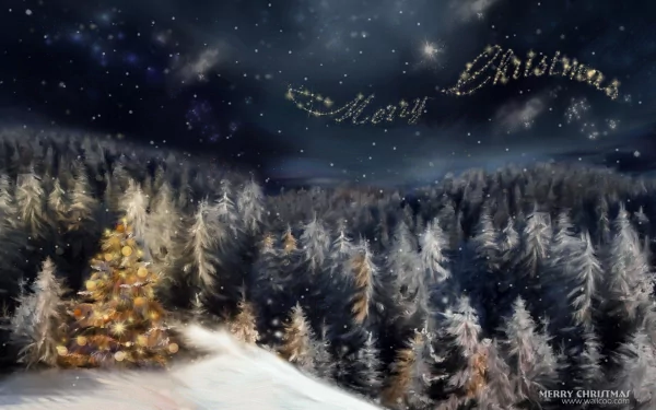 A serene winter landscape featuring a glowing Christmas tree surrounded by snow-covered evergreens, with a starry night sky showcasing Merry Christmas in shimmering lights.