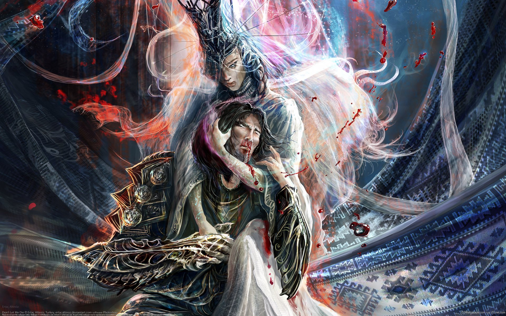 2K Quad HD fantasy love PC desktop wallpaper: two entwined lovers—armored warrior and ethereal figure—embraced amid swirling magic, falling petals and luminous ribbons.