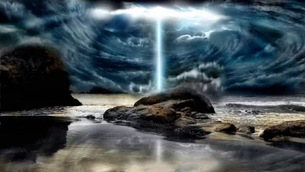 A high-definition desktop wallpaper showcasing a dramatic scene with stormy clouds, rugged rocks, and a beam of light piercing through the sky, blending natural elements with photo manipulation artistry.