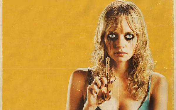 HD PC desktop wallpaper featuring a character from the movie Planet Terror holding a syringe against a yellow background.