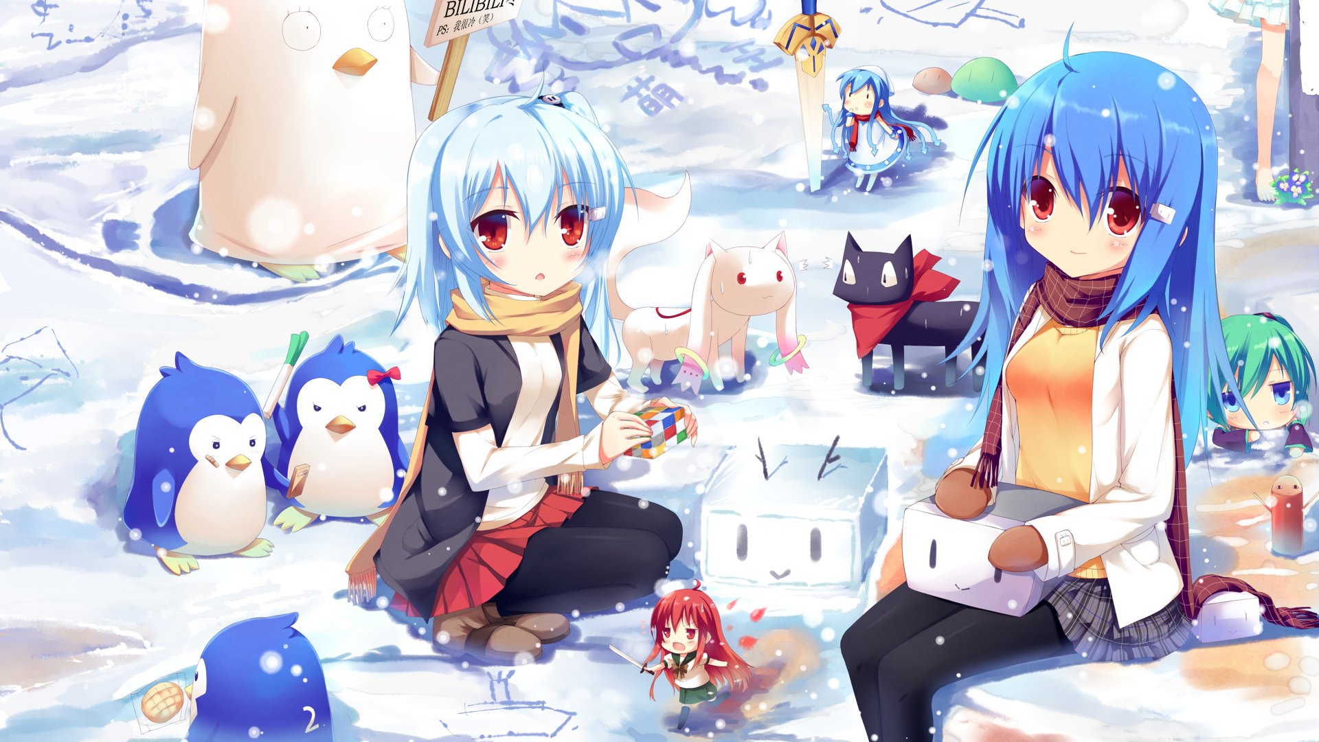 Winter anime desktop wallpaper featuring blue-haired, red-eyed anime girls with cat and penguin characters in a snowy Clannad-inspired crossover scenery.