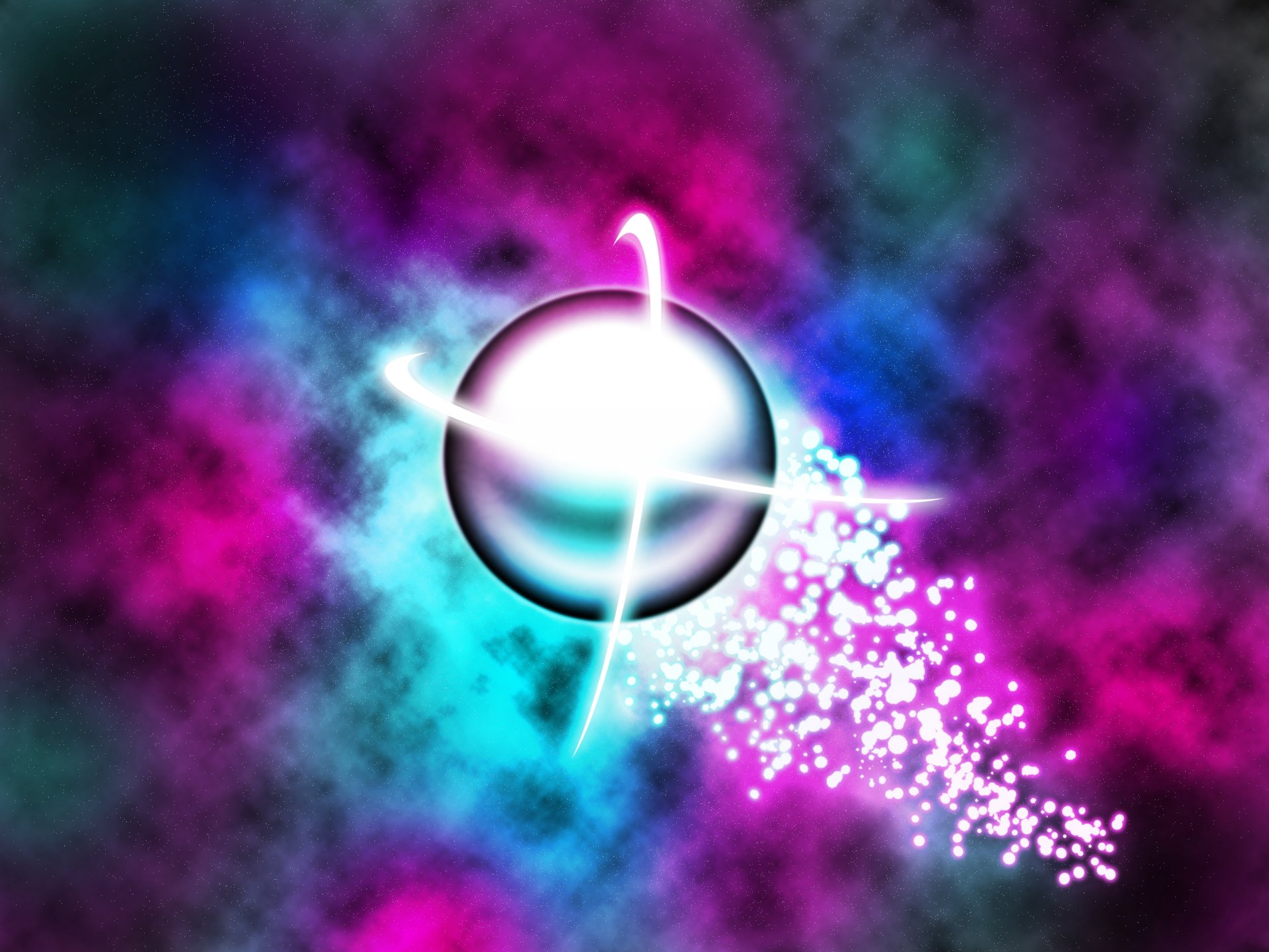 HD PC desktop wallpaper featuring a glowing CGI sphere resembling a planet with abstract colorful nebula clouds and sparkling particles in vibrant purple, blue, and white hues.