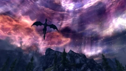 HD PC desktop wallpaper from the video game The Elder Scrolls V: Skyrim — a silhouetted dragon soars above pine-covered peaks beneath a vivid purple aurora sky.
