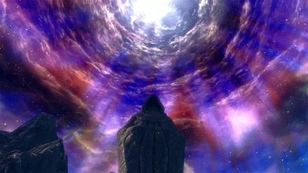 A vibrant HD wallpaper from The Elder Scrolls V: Skyrim, showcasing a mystical sky filled with swirling purple and blue clouds above rugged rock formations.