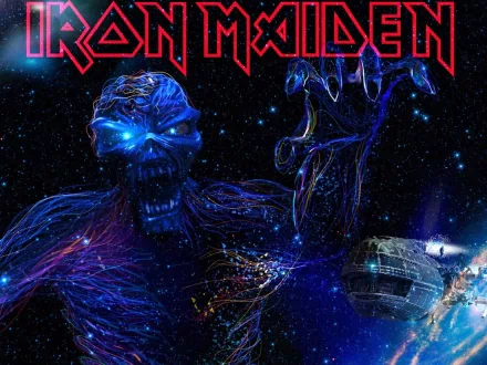 HD desktop wallpaper featuring Iron Maiden's artwork. The image showcases a futuristic, space theme with a monstrous figure and the band's logo prominently displayed.
