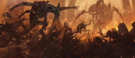 HD PC desktop wallpaper featuring Tyranids from Warhammer 40k in a fierce battle scene, inspired by the Warhammer video game and randize randbin art style.