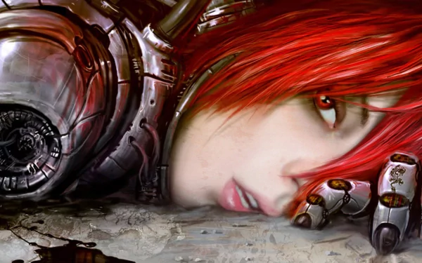 HD PC desktop wallpaper featuring a close-up of a red-haired sci-fi cyborg woman with mechanical arm and detailed metallic components.