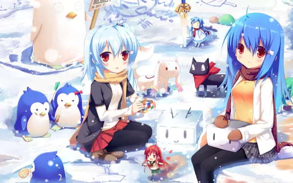 Winter anime desktop wallpaper featuring blue-haired, red-eyed anime girls with cat and penguin characters in a snowy Clannad-inspired crossover scenery.