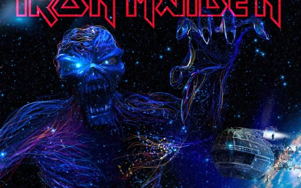 HD desktop wallpaper featuring Iron Maiden's artwork. The image showcases a futuristic, space theme with a monstrous figure and the band's logo prominently displayed.