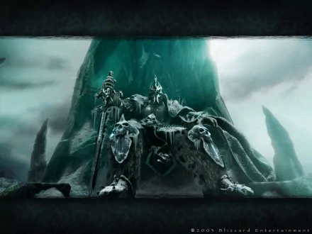 HD desktop wallpaper featuring a scene from the video game Warcraft, showcasing a dark, majestic throne with a powerful armored character sitting against a dramatic, icy backdrop.