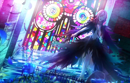 HD desktop wallpaper featuring Inori Yuzuriha from the anime Guilty Crown. The scene showcases her standing in front of a vibrant stained glass window with colorful lighting and feathers surrounding her.
