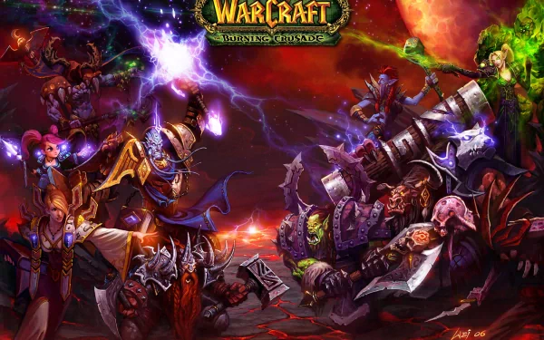 A vibrant HD wallpaper from World of Warcraft, showcasing a dramatic clash between powerful sorcerers and fierce warriors set against a fiery backdrop.