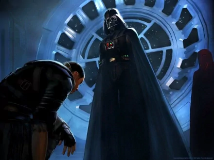 A dramatic scene from Star Wars: The Force Unleashed featuring Emperor's Royal Guard and Starkiller kneeling before Darth Vader, set against a high-tech background.