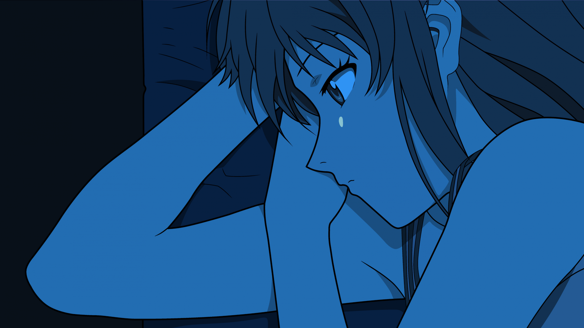 Close-up of Asuka Langley Sohryu from Evangelion: 2.0 You Can (Not) Advance in a blue-toned 4K Ultra HD anime desktop wallpaper.