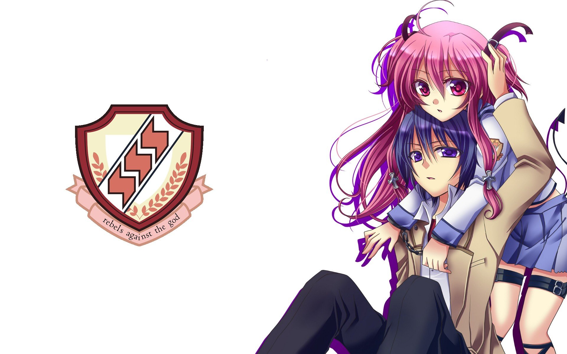 HD PC desktop wallpaper featuring Yui and Hinata Hideki from the anime Angel Beats! with the school's emblem on a white background.
