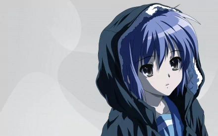 HD anime desktop wallpaper featuring Yuki Nagato from The Melancholy of Haruhi Suzumiya, depicted with blue hair and a dark hooded jacket on a muted background.
