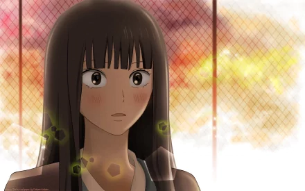 A high-definition desktop wallpaper featuring Sawako Kuronuma from the anime Kimi Ni Todoke, showcasing her expressive gaze against a colorful, abstract background.